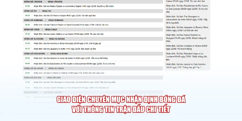 Giao diện chuyên mục nhận định bóng đá với thông tin trận đấu chi tiết