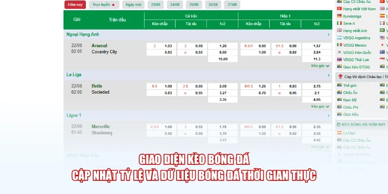 Giao diện Kèo Bóng Đá cập nhật tỷ lệ và dữ liệu bóng đá thời gian thực