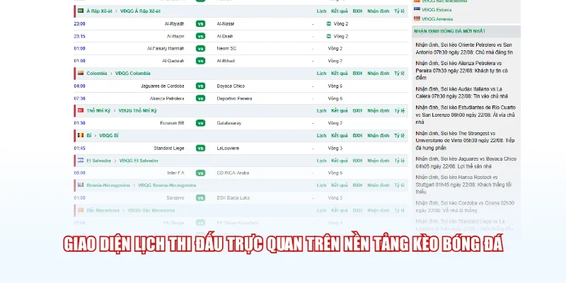 Giao diện lịch thi đấu trực quan trên nền tảng Kèo Bóng Đá