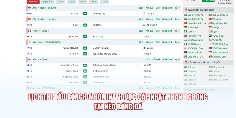 Lịch thi đấu bóng đá hôm nay được cập nhật nhanh chóng tại Kèo Bóng Đá